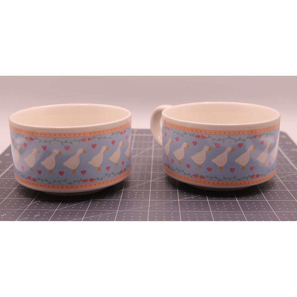 Vintage K.I.C. Goose Soup Mugs Set of 2 Ceramic Blue Heart Country Kitchen Korea